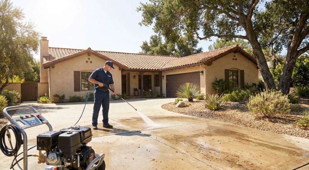 Pressure washing a driveway at a suburban home in Woodland Hills, CA