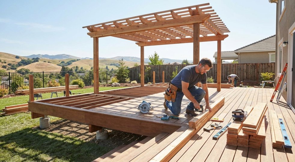 Carpenter installing a backyard deck and pergola with lumber and tools on site