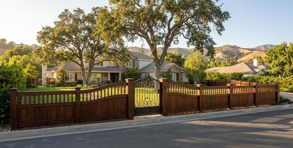 Wooden privacy fence with wrought iron gate in front of a suburban home in Woodland Hills, California