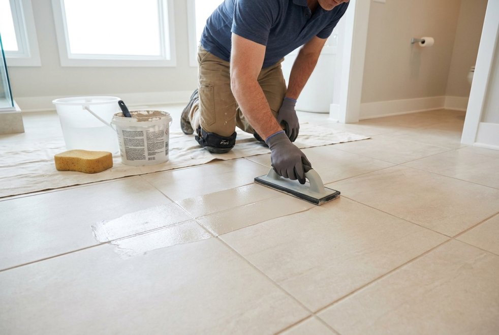 Worker applying fresh grout to a tile floor during bathroom or kitchen tile repair