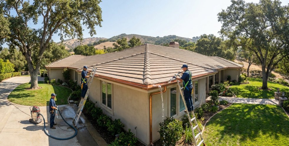 Workers cleaning gutters on a suburban home in Woodland Hills with ladders and hoses