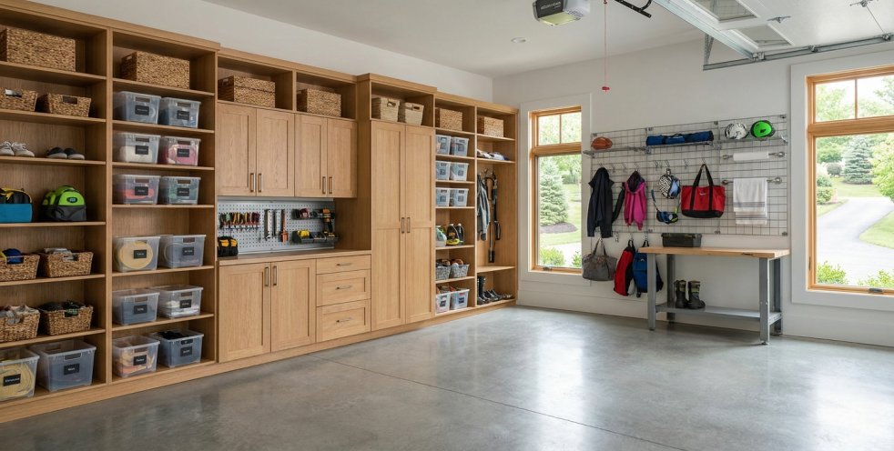 Garage shelving and storage system with cabinets, bins, and wall hooks in a tidy home workshop