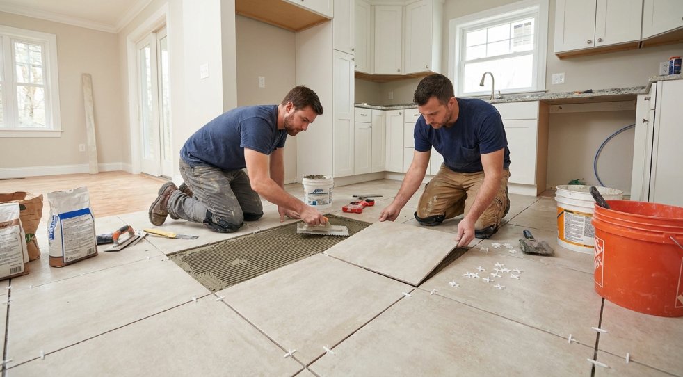 Two tile installers laying large square floor tiles in a home kitchen under renovation