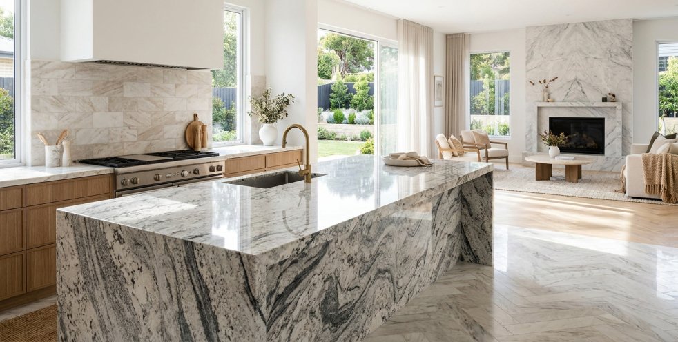 Modern kitchen with marble island and matching fireplace in a bright open-plan home