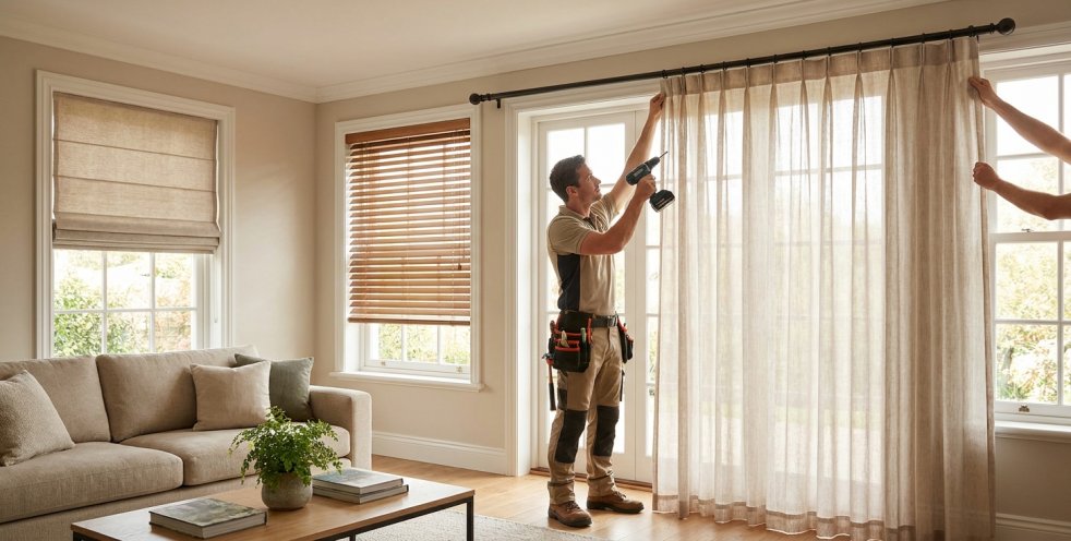 Handyman installing curtains in a bright living room with blinds and a sofa