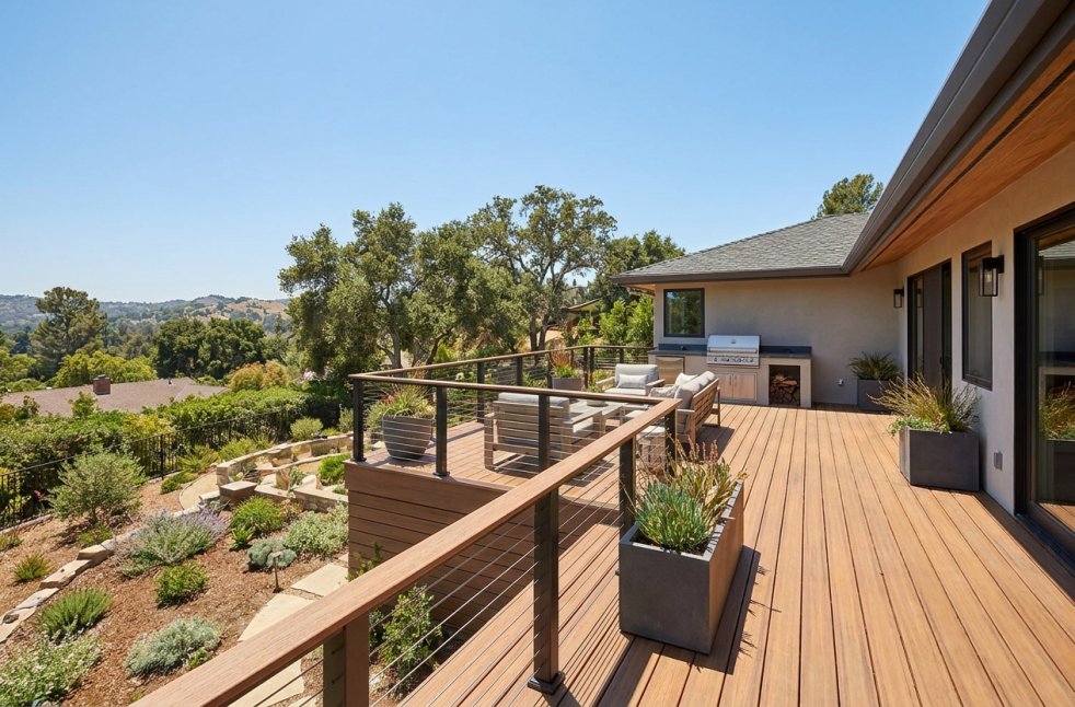 Spacious new wood deck with railing and outdoor seating beside a home in Woodland Hills hillside setting